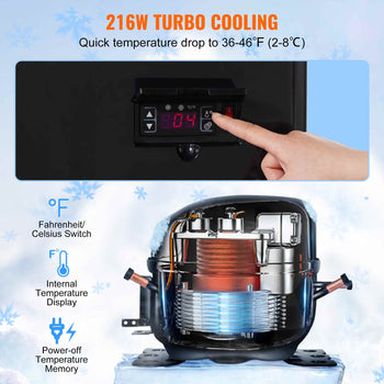 216W Turbo Cooling compressor with digital display, cooling temperatures from 36-46°F, black and silver design.