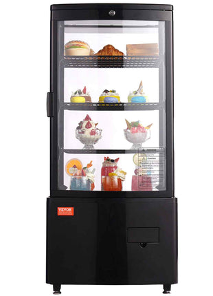 Black glass-front display refrigerator showcasing colorful desserts and pastries on 4 adjustable shelves.