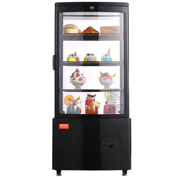 Black glass-front display refrigerator showcasing colorful desserts and pastries on 4 adjustable shelves.