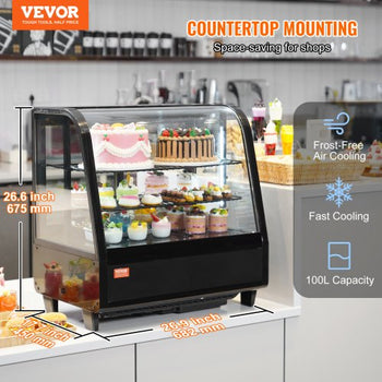 Refrigerated Display Case, 3.5 Cu.Ft./100L, 2-Tier, Countertop Pastry Display Case Commercial Display Refrigerator with LED Lighting, TURBO Cooling, Frost-Free Air-Cooling, Rear Sliding Door