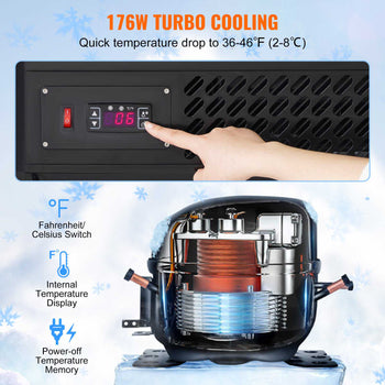 176W Turbo Cooling System with digital display, quick temperature drop to 36-46°F, compact and efficient design.