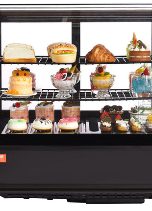 Vevor sleek black dessert display case with glass doors, showcasing colorful pastries and cakes on multiple shelves.