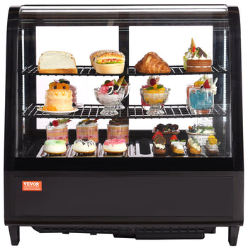 Vevor sleek black dessert display case with glass doors, showcasing colorful pastries and cakes on multiple shelves.