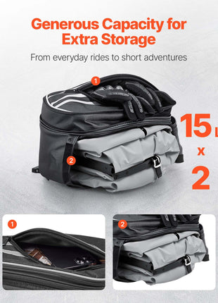 Motorcycle Saddlebag, 30 L (15 L x 2) Large Capacity Side Saddle Bag with Waterproof Rain Cover and Straps, Compatible with Most Motorcycles, Outdoor Sports Motorbike Luggage Storage Bag, Black