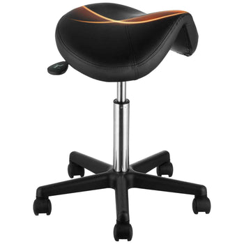 Black saddle stool with chrome gas lift and five rolling wheels, featuring a stylish orange curved design.