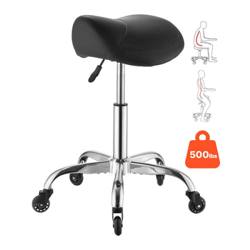 Saddle Stool with Wheels, 500 lbs Weight Capacity, Height Adjustable, Quiet Casters, Ergonomic PU Leather Seat, 360° Swivel Saddle Stool Rolling Chair for Salon, Spa, Bar, Home, Medical, Black