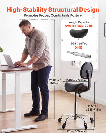 Saddle Stool with Back Support, 500 lbs Weight Capacity, Height Adjustable, Quiet Casters, Ergonomic PU Leather Seat, 360° Swivel Saddle Stool Rolling Chair for Salon, Spa, Bar, Medical, Black