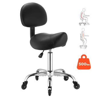 Saddle Stool with Back Support, 500 lbs Weight Capacity, Height Adjustable, Quiet Casters, Ergonomic PU Leather Seat, 360° Swivel Saddle Stool Rolling Chair for Salon, Spa, Bar, Medical, Black