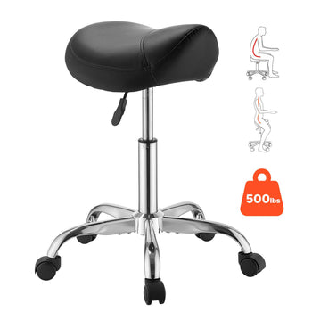 Saddle Stool with Wheels, 500 lbs Weight Capacity, Height Adjustable, Ergonomic PU Leather Seat, 360° Swivel Saddle Stool Rolling Chair for Salon, Spa, Bar, Home, Medical, and Massage, Black