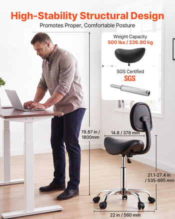 Saddle Stool with Back Support, 500 lbs Weight Capacity, Height Adjustable, Ergonomic PU Leather Seat, 360° Swivel Saddle Stool Rolling Chair with Wheels for Salon, Spa, Bar, Medical, Black