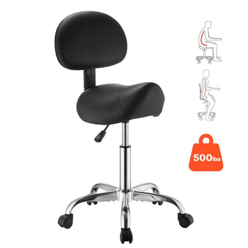 Saddle Stool with Back Support, 500 lbs Weight Capacity, Height Adjustable, Ergonomic PU Leather Seat, 360° Swivel Saddle Stool Rolling Chair with Wheels for Salon, Spa, Bar, Medical, Black