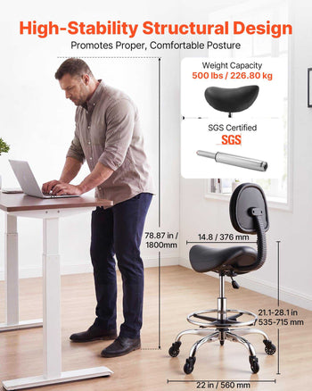 Saddle Stool with Back Support Footrest, 500 lbs Weight Capacity, Height Adjustable, Quiet Casters, PU Leather Seat, 360° Swivel Saddle Stool Rolling Chair for Salon, Spa, Bar, Medical, Black