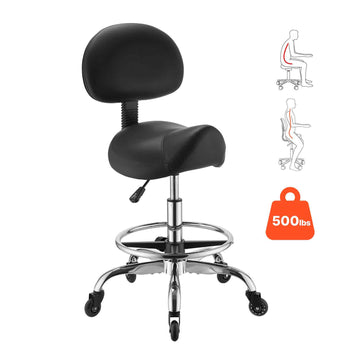 Saddle Stool with Back Support Footrest, 500 lbs Weight Capacity, Height Adjustable, Quiet Casters, PU Leather Seat, 360° Swivel Saddle Stool Rolling Chair for Salon, Spa, Bar, Medical, Black