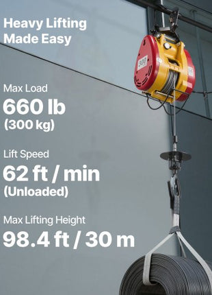 2-in-1 Electric Hoist Winch, 660 lbs Capacity, 1500W Portable Power Winch Crane, 98.4 ft Lifting Height, 62 ft/min with Wired and Wireless Remote Control for Factory, Warehouss, Garage