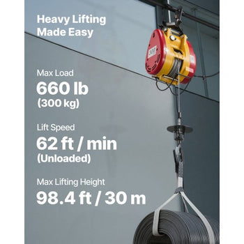 2-in-1 Electric Hoist Winch, 660 lbs Capacity, 1500W Portable Power Winch Crane, 98.4 ft Lifting Height, 62 ft/min with Wired and Wireless Remote Control for Factory, Warehouss, Garage