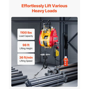 2-in-1 Electric Hoist Winch, 1100 lbs Capacity, 1800W Portable Power Winch, 98 ft Lifting Height, 36 ft/min with Wire and Wireless Remote Control, for Garage, Warehouse, Factory Lifting Towing