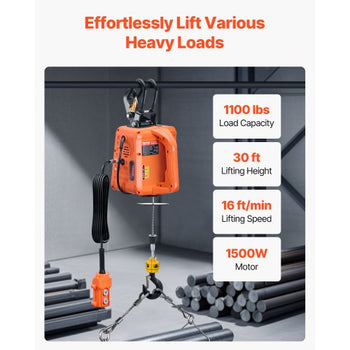 3-in-1 Electric Hoist Winch, 1100 lbs Capacity, 1500W Portable Power Winch, 30 ft Lifting Height, 16 ft/min with Wire and Wireless Remote Control, for Garage, Warehouse, Factory Lifting Towing