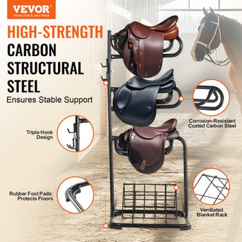 Freestanding Saddle Stand, 30 x 30 x 68.5 in, 3 Tiers Saddle Rack, Heavy Duty Saddle Blanket Holder with Removable & Rotating Tiers, English & Western Saddle Rack for Tack Room Organization