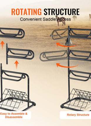 Freestanding Saddle Stand, 30 x 30 x 68.5 in, 3 Tiers Saddle Rack, Heavy Duty Saddle Blanket Holder with Removable & Rotating Tiers, English & Western Saddle Rack for Tack Room Organization