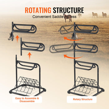 Freestanding Saddle Stand, 30 x 30 x 68.5 in, 3 Tiers Saddle Rack, Heavy Duty Saddle Blanket Holder with Removable & Rotating Tiers, English & Western Saddle Rack for Tack Room Organization