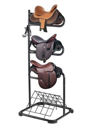 Freestanding Saddle Stand, 30 x 30 x 68.5 in, 3 Tiers Saddle Rack, Heavy Duty Saddle Blanket Holder with Removable & Rotating Tiers, English & Western Saddle Rack for Tack Room Organization