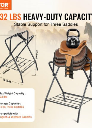 Folding Saddle Rack, 28 x 19 x 37.5 in, 2 Packs Freestanding Horse Saddle Stand, Portable Horse Blanket Holder, Heavy Duty Steel Saddle Rack for English & Western Saddles, Tack Storage, Black