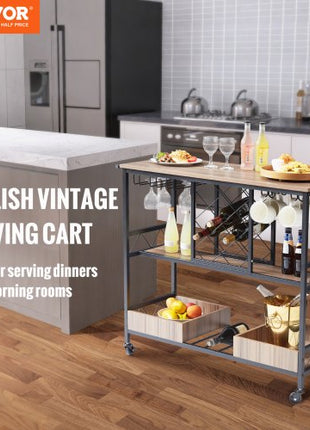 Bar Cart, Home Serving Cart, 3 Tiers 300 LBS Industrial Rolling Beverage Station on Lockable Wheels, Mobile Alcohol Drink Cart with Removable Tray Wine Rack Glass Holder for Kitchen Dining Room
