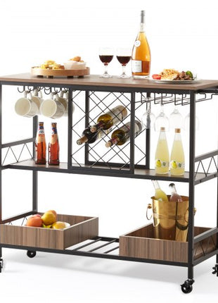 Bar Cart, Home Serving Cart, 3 Tiers 300 LBS Industrial Rolling Beverage Station on Lockable Wheels, Mobile Alcohol Drink Cart with Removable Tray Wine Rack Glass Holder for Kitchen Dining Room