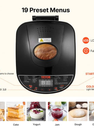 Bread Maker, 19-in-1 2LB Dough Machine, Nonstick Ceramic Pan Automatic Breadmaker with Gluten Free Setting, Whole Wheat Bread Making, Digital, Programmable, 3 Loaf Sizes, 3 Crust Colors