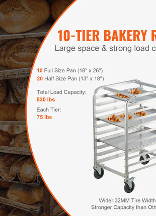 10-tier aluminum bakery rack, silver, holds 530 lbs, perfect for storing full and half-size pans. Ideal for bakeries.