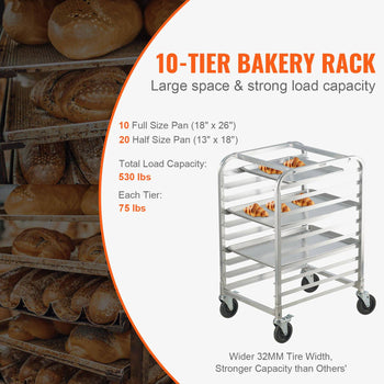 10-tier aluminum bakery rack, silver, holds 530 lbs, perfect for storing full and half-size pans. Ideal for bakeries.