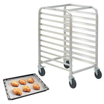 Aluminum bakery rack with six shelves and wheeled base, paired with a black baking sheet and croissants.