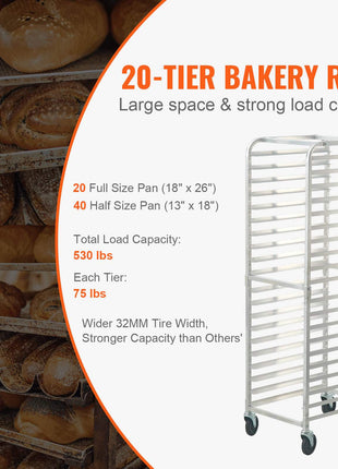 20-tier bakery rack in silver aluminum, designed for full and half-size pans, with a 530 lbs load capacity and sturdy wheels.