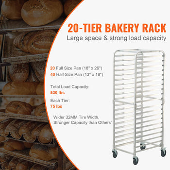 20-tier bakery rack in silver aluminum, designed for full and half-size pans, with a 530 lbs load capacity and sturdy wheels.