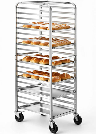 Stainless steel bakery rack on wheels, featuring six spacious shelves filled with golden-brown rolls.