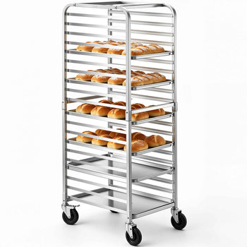 Stainless steel bakery rack on wheels, featuring six spacious shelves filled with golden-brown rolls.