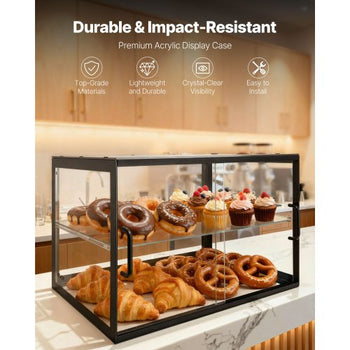 Bakery Display Case, 2-Tier Commercial Countertop Pastry Display Case, Clear Acrylic Bread Box for Kitchen, Party Cake Cabinet with Sliding Door for Cookie Dessert Donut, 21.7" x 15.2" x 15.4"