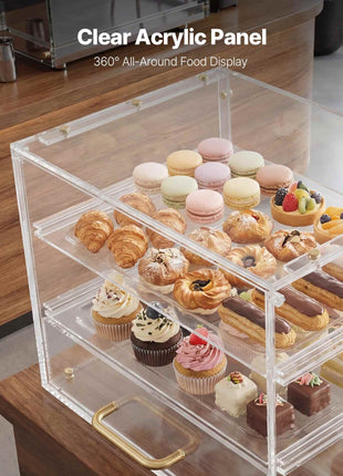 Bakery Display Case, 3-Tier Commercial Countertop Pastry Display Case, Clear Acrylic Bread Box for Kitchen, Party Cake Cabinet with Flip-Up Door for Cookie Dessert Donut, 13" x 10.2" x 10.2"