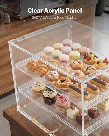 Bakery Display Case, 3-Tier Commercial Countertop Pastry Display Case, Clear Acrylic Bread Box for Kitchen, Party Cake Cabinet with Flip-Up Door for Cookie Dessert Donut, 13" x 10.2" x 10.2"