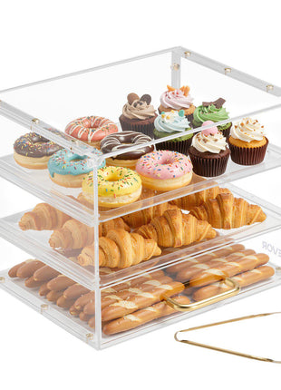 Bakery Display Case, 3-Tier Commercial Countertop Pastry Display Case, Clear Acrylic Bread Box for Kitchen, Party Cake Cabinet with Flip-Up Door for Cookie Dessert Donut, 13" x 10.2" x 10.2"
