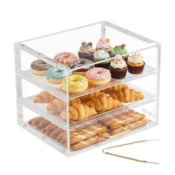 Bakery Display Case, 3-Tier Commercial Countertop Pastry Display Case, Clear Acrylic Bread Box for Kitchen, Party Cake Cabinet with Flip-Up Door for Cookie Dessert Donut, 13" x 10.2" x 10.2"