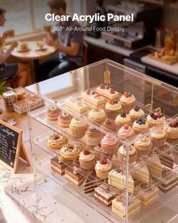 Bakery Display Case, 4-Tier Commercial Countertop Pastry Display Case, Clear Acrylic Bread Box for Kitchen, Party Cake Cabinet with Magnetic Rear Door for Cookie Dessert Donut, 22.4"x17.3"x15.9"