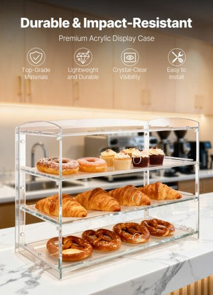 Bakery Display Case, 3-Tier Commercial Countertop Pastry Display Case, Clear Acrylic Bread Box for Kitchen, Party Cake Cabinet with Flip-Up Door for Cookie Dessert Donut Bagel, 19" x 9.1" x 15"