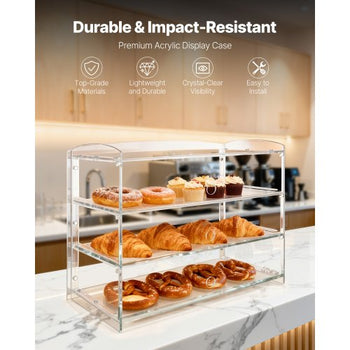 Bakery Display Case, 3-Tier Commercial Countertop Pastry Display Case, Clear Acrylic Bread Box for Kitchen, Party Cake Cabinet with Flip-Up Door for Cookie Dessert Donut Bagel, 19" x 9.1" x 15"
