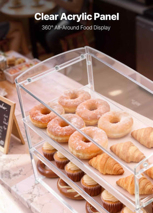 Bakery Display Case, 3-Tier Commercial Countertop Pastry Display Case, Clear Acrylic Bread Box for Kitchen, Party Cake Cabinet with Flip-Up Door for Cookie Dessert Donut Bagel, 19" x 9.1" x 15"