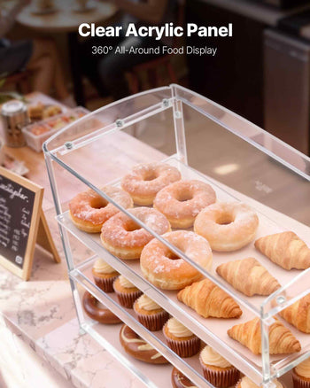 Bakery Display Case, 3-Tier Commercial Countertop Pastry Display Case, Clear Acrylic Bread Box for Kitchen, Party Cake Cabinet with Flip-Up Door for Cookie Dessert Donut Bagel, 19" x 9.1" x 15"