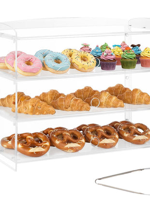 Bakery Display Case, 3-Tier Commercial Countertop Pastry Display Case, Clear Acrylic Bread Box for Kitchen, Party Cake Cabinet with Flip-Up Door for Cookie Dessert Donut Bagel, 19" x 9.1" x 15"