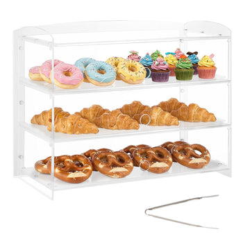 Bakery Display Case, 3-Tier Commercial Countertop Pastry Display Case, Clear Acrylic Bread Box for Kitchen, Party Cake Cabinet with Flip-Up Door for Cookie Dessert Donut Bagel, 19" x 9.1" x 15"