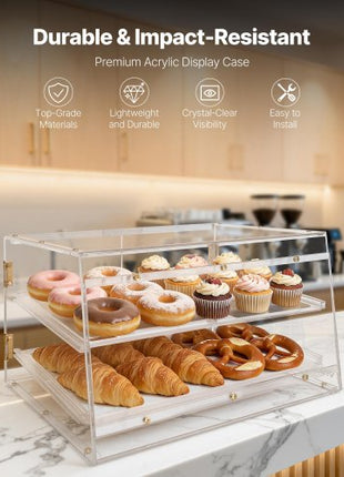 Bakery Display Case, 2-Tier Commercial Countertop Pastry Display Case, Clear Acrylic Bread Box for Kitchen, Party Cake Cabinet with Magnetic Rear Door for Cookie Dessert Donut, 20.7"x15.7"x12"
