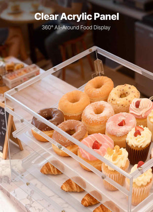 Bakery Display Case, 2-Tier Commercial Countertop Pastry Display Case, Clear Acrylic Bread Box for Kitchen, Party Cake Cabinet with Magnetic Rear Door for Cookie Dessert Donut, 20.7"x15.7"x12"